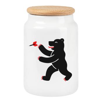 Bär beim Dart - Keksdose mit Holzdeckel - Weiß - Vorne
