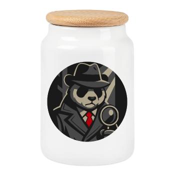 Panda Detective with Magnifying Glass – Noir Retro Animal Motif - Cookie Jar with Wooden Lid - white - Front