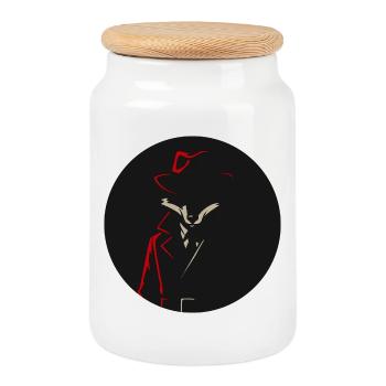 Fuchs im Trenchcoat mit rotem Hut – Noir Tiermotiv - Keksdose mit Holzdeckel - Weiß - Vorne