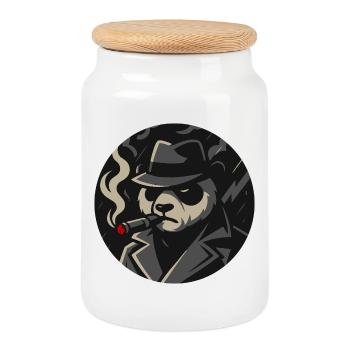 Panda in trench coat with cigar – Noir animal motif - Cookie Jar with Wooden Lid - white - Front