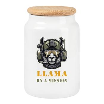 Llama in Mission / Military Design - Cookie Jar with Wooden Lid - white - Front