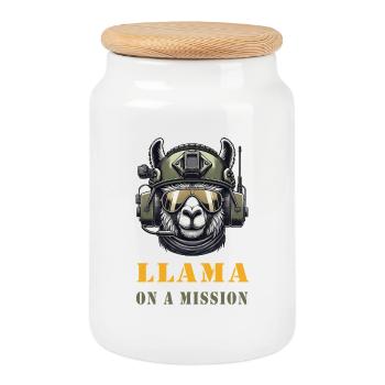 Lama in Mission / Militär Design - Keksdose mit Holzdeckel - Weiß - Vorne