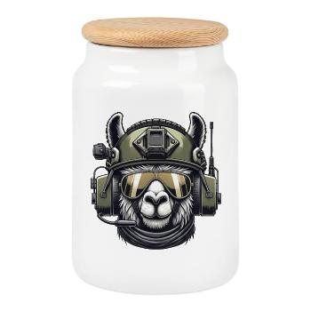 Llama Military Design - Cookie Jar with Wooden Lid - white - Front