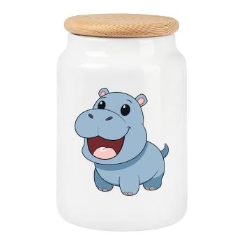 Happy and smiling baby hippo - Cookie Jar with Wooden Lid - white - Front