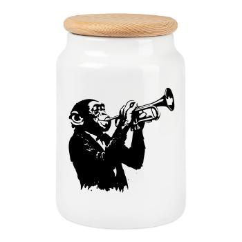 Affen-Trompeter | The Monekey Dance Banksy Style - Keksdose mit Holzdeckel - Weiß - Vorne