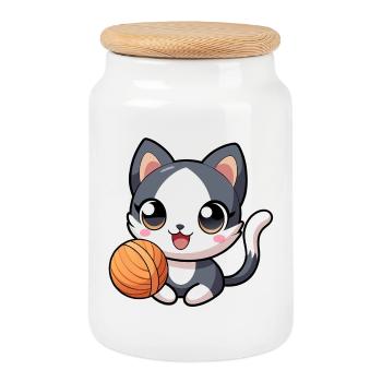 Black and white kawaii kitten with skein - Cookie Jar with Wooden Lid - white - Front