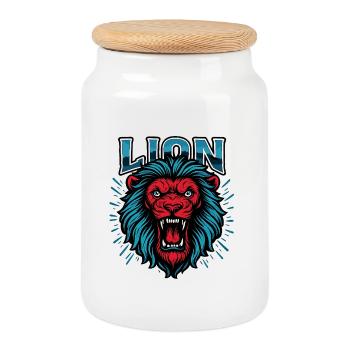 Lion Head Neon Blue Red Graphic - Cookie Jar with Wooden Lid - white - Front