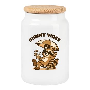 Sunny Vibes Beach Raccoon - Cookie Jar with Wooden Lid - white - Front
