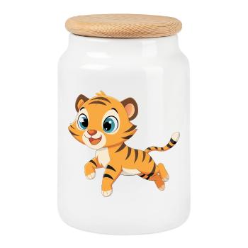 Verspieltes Tigerbaby mit großen Augen - Keksdose mit Holzdeckel - Weiß - Vorne