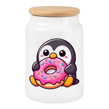 Süßer Pinguin mit Donut Nachtisch Naschen - Keksdose mit Holzdeckel - Weiß - Vorne