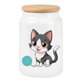 Black and White Kawaii Kitten with Pincushion (v02) - Cookie Jar with Wooden Lid - white - Front