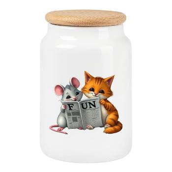 Cute cat and mouse couple in newspaper layout - Cookie Jar with Wooden Lid - white - Front