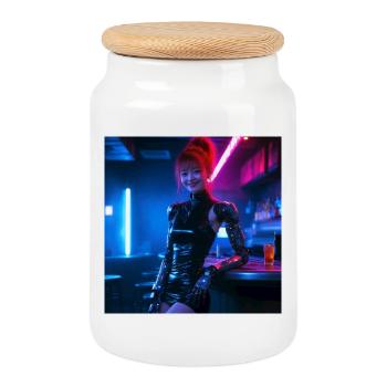 N-dless Nights: Cyberpunk girl in a bar - Cookie Jar with Wooden Lid - white - Front