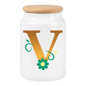 V - Cookie Jar with Wooden Lid - white - Front