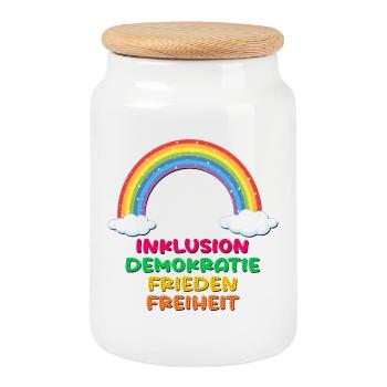 INKLUSION REGENBOGEN FRIEDEN DEMOKRATIE - Keksdose mit Holzdeckel - Weiß - Vorne