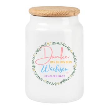 Danke das du uns beim Wachsen geholfen hast! - Keksdose mit Holzdeckel - Weiß - Vorne