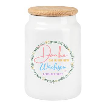Danke das du mir beim Wachsen geholfen hast! - Keksdose mit Holzdeckel - Weiß - Vorne