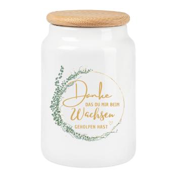Danke das du uns beim Wachsen geholfen hast! - Keksdose mit Holzdeckel - Weiß - Vorne