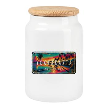 Yogyakarta – Tropical Retro Schild - Keksdose mit Holzdeckel - Weiß - Vorne