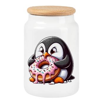 Süßer Pinguin mit Donut lustig Cartoon - Keksdose mit Holzdeckel - Weiß - Vorne