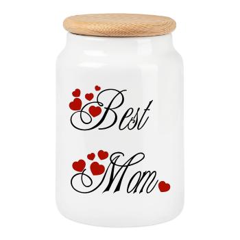 Beste Mama, Kalligraphie mit roten Herzen - Keksdose mit Holzdeckel - Weiß - Vorne