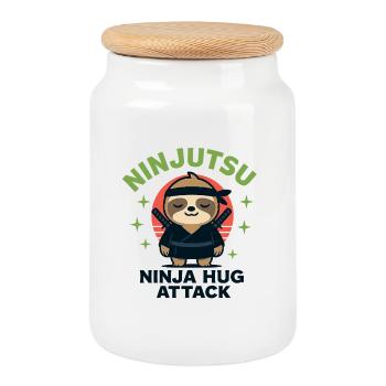 Ninja Kuschel-Sloth HugAttack - Keksdose mit Holzdeckel - Weiß - Vorne