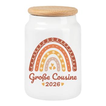 Große Cousine 2026 Regenbogen - Keksdose mit Holzdeckel - Weiß - Vorne