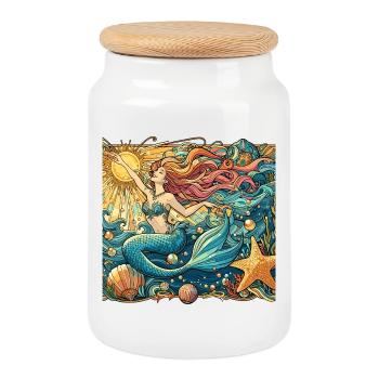 Mermaid Mermaid Red Hair Art Nouveau Gift - Cookie Jar with Wooden Lid - white - Front