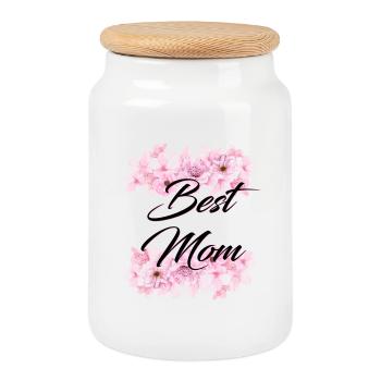 Best Mom, en noir sur fleurs de cerisier - Boîte à biscuits avec couvercle en bois - blanc - Devant