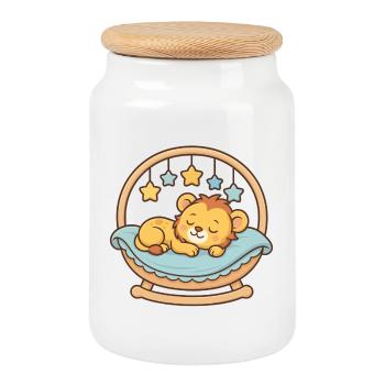 Lionceau endormi – Motif animal mignon pour bébé - Boîte à biscuits avec couvercle en bois - blanc - Devant