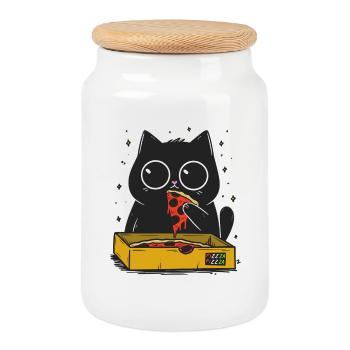 Pizza Kitty in color - Cookie Jar with Wooden Lid - white - Front