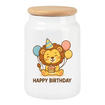 Lion Birthday Party Motif - Cookie Jar with Wooden Lid - white - Front