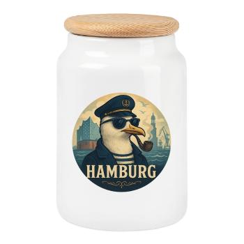 Captain Möwe – Hamburg Style - Keksdose mit Holzdeckel - Weiß - Vorne