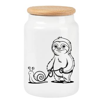 Sloth and Snail - Going for a Walk - Cookie Jar with Wooden Lid - white - Front