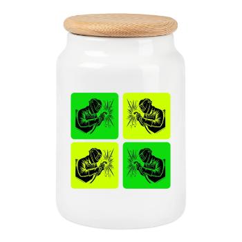 Welders in retro style - Cookie Jar with Wooden Lid - white - Front