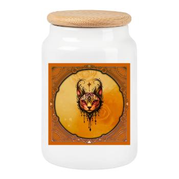 Ornamental elegance: Portrait of a cat. - Cookie Jar with Wooden Lid - white - Front