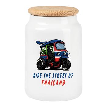 Thailand Tuk-Tuk Racing - Cookie Jar with Wooden Lid - white - Front