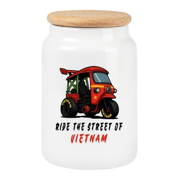 Vietnam Tuk-Tuk Racing - Cookie Jar with Wooden Lid - white - Front