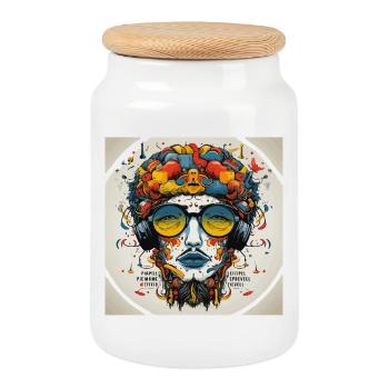 Abstract Psychedelic Music Enthusiast Portrait - Cookie Jar with Wooden Lid - white - Front