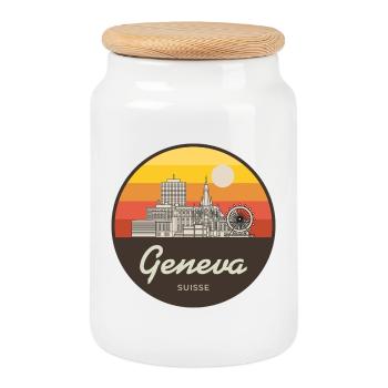 Geneva Skyline Sunset - Cookie Jar with Wooden Lid - white - Front