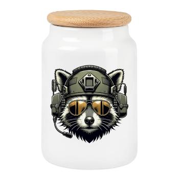 Military Raccoon - Cookie Jar with Wooden Lid - white - Front