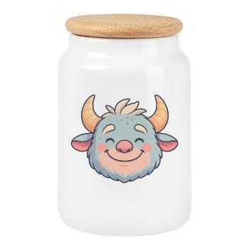 Cheerful Bull Head Cartoon - Cookie Jar with Wooden Lid - white - Front