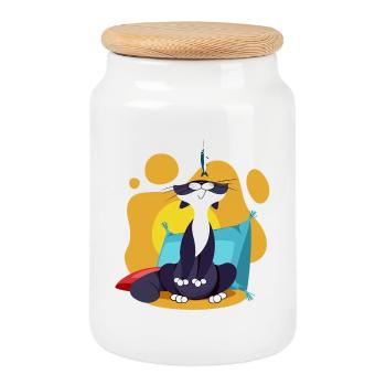 Katze schnüffelt an einer Sardine Bunte Comic Comic Karikatur - Keksdose mit Holzdeckel - Weiß - Vorne
