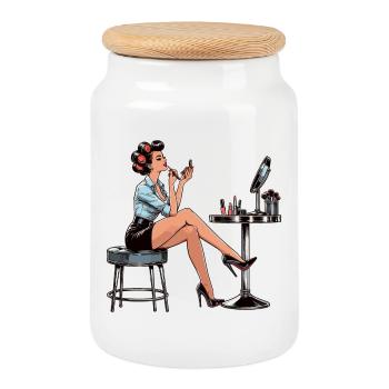 Woman Rockabilly Make Up Make Up Retro Gift - Cookie Jar with Wooden Lid - white - Front