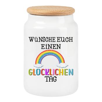 GLÜCKLICHEN TAG WÜNSCHEN - REGENBOGEN - Keksdose mit Holzdeckel - Weiß - Vorne