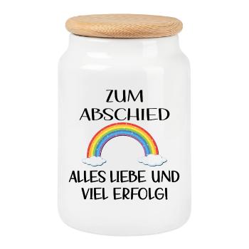 ABSCHIED VIEL ERFOLG - REGENBOGEN - Keksdose mit Holzdeckel - Weiß - Vorne