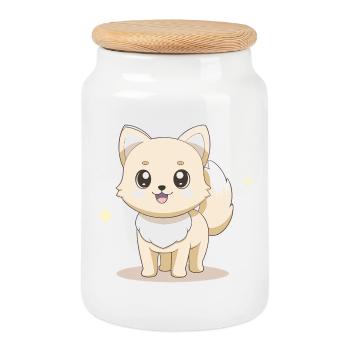 Adorable beige spitz dog with cheerful eyes - Cookie Jar with Wooden Lid - white - Front