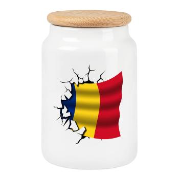 Flag of Romania - Romania - Flag Broken Design - Cookie Jar with Wooden Lid - white - Front