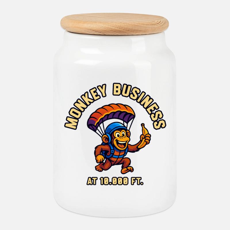 Monkey parachutist at 10,000 ft - Cookie Jar with Wooden Lid - white