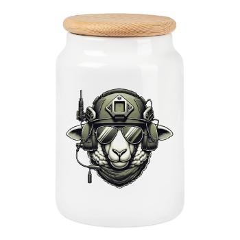 Schaf Militär Design - Keksdose mit Holzdeckel - Weiß - Vorne